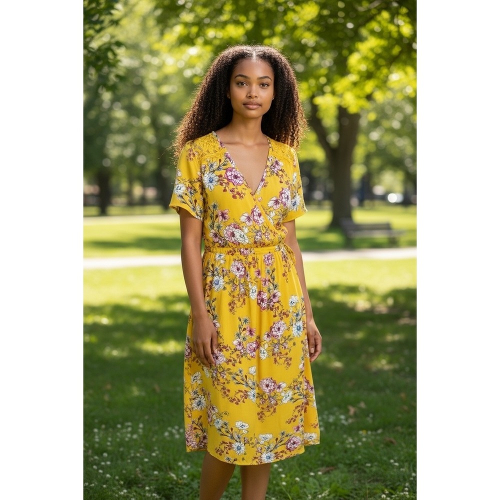 Skies Are Blue Yellow Floral Print V Neck Short Sleeve Midi Wrap Dress XS